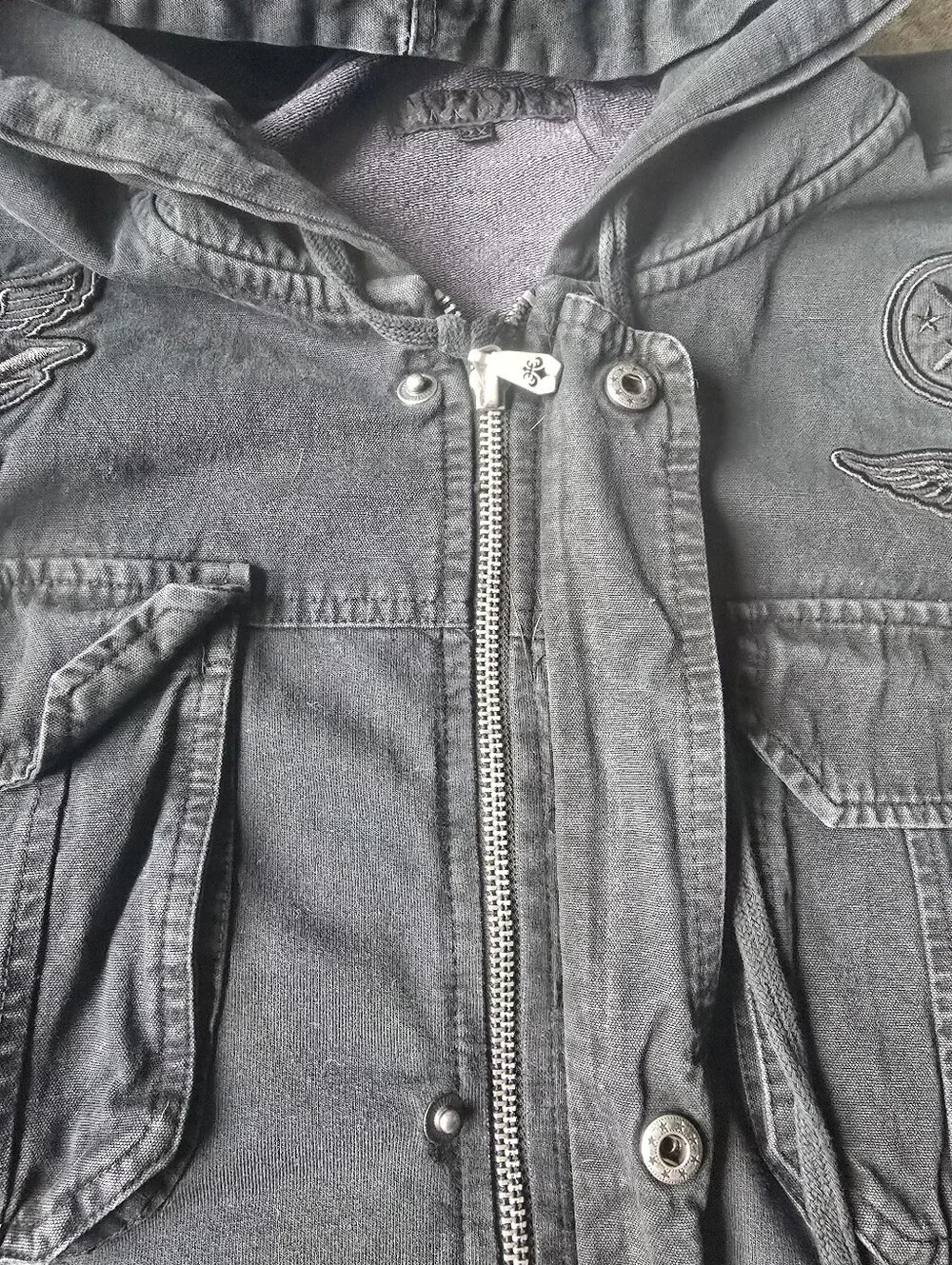 RARE VTG Affliction hybrid hooded denim jacket Mens 2X Full-zip, Black, Y2K - Picture 14 of 16